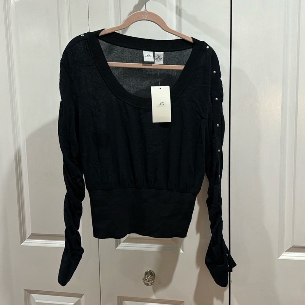 NWT A/X Armani Exchange Gauze Ruched studded puff sleeve top size Large